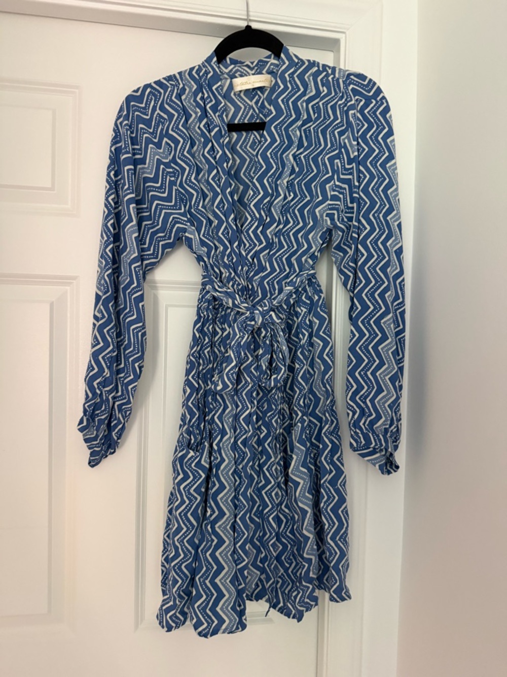Natalie Martin Blue Zigzag Print Wrap Dress with Tie Waist